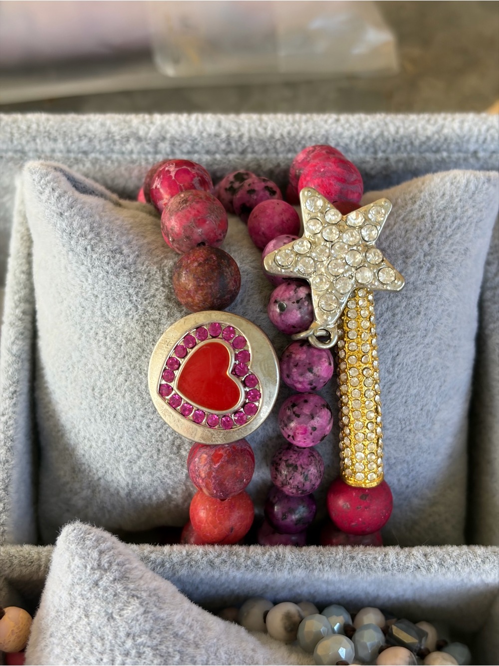 Hand Crafted Pink Beaded Heart & Star Stretch Bracelet Set